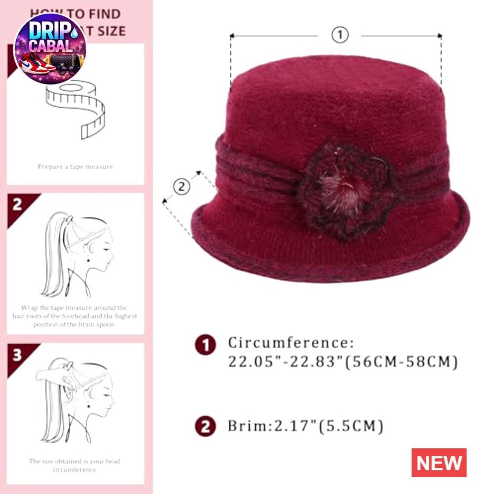 Acrylic Knit Bucket Hat with Floral Embellishment, Vintage Cloche Style - Picture 4 of 7